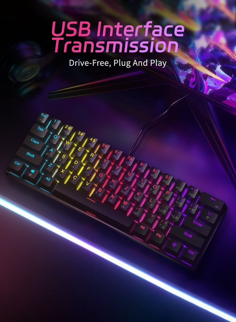 UCHUANG 61-Key English Arabic Mechanical Keyboard, Blue Switch Hybrid Light Compact Mini Wired Keyboard for PC, Mac E-sports Portable Gaming Keyboard - Office Keyboard - Computer Keyboard - Black Keyboard - Image 5