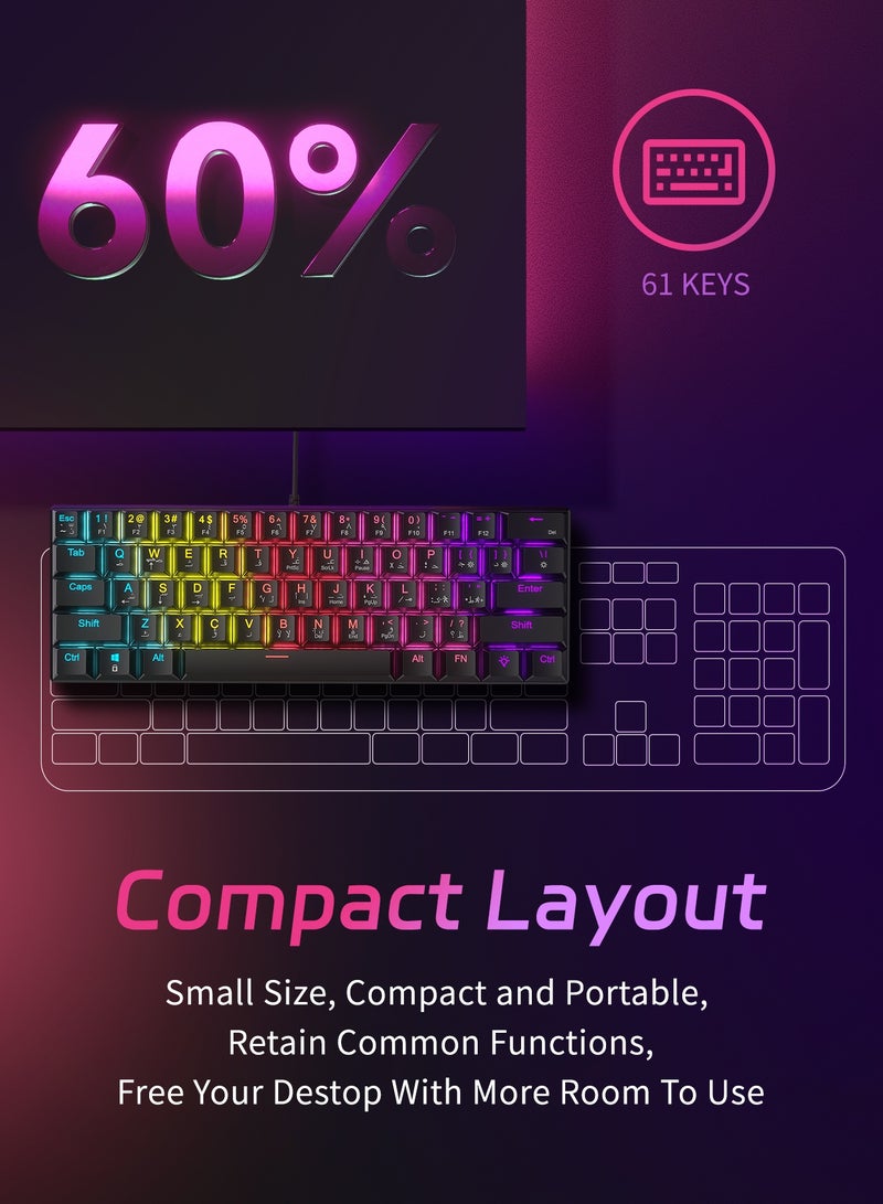 UCHUANG 61-Key English Arabic Mechanical Keyboard, Blue Switch Hybrid Light Compact Mini Wired Keyboard for PC, Mac E-sports Portable Gaming Keyboard - Office Keyboard - Computer Keyboard - Black Keyboard - Image 2