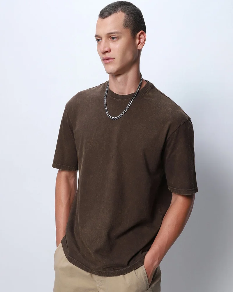 bewakoof Men's Brown Oversized Acid Wash T-shirt