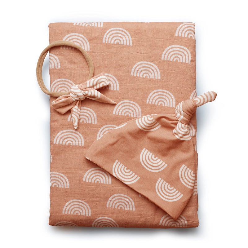 Miaoberry 100 Organic Cotton Muslin Baby Swaddle Blanket Set  Caramel Rainbow Newborn Girl Unisex Neutral Boho Vintage Rainbow Baby Matching Hat Bow