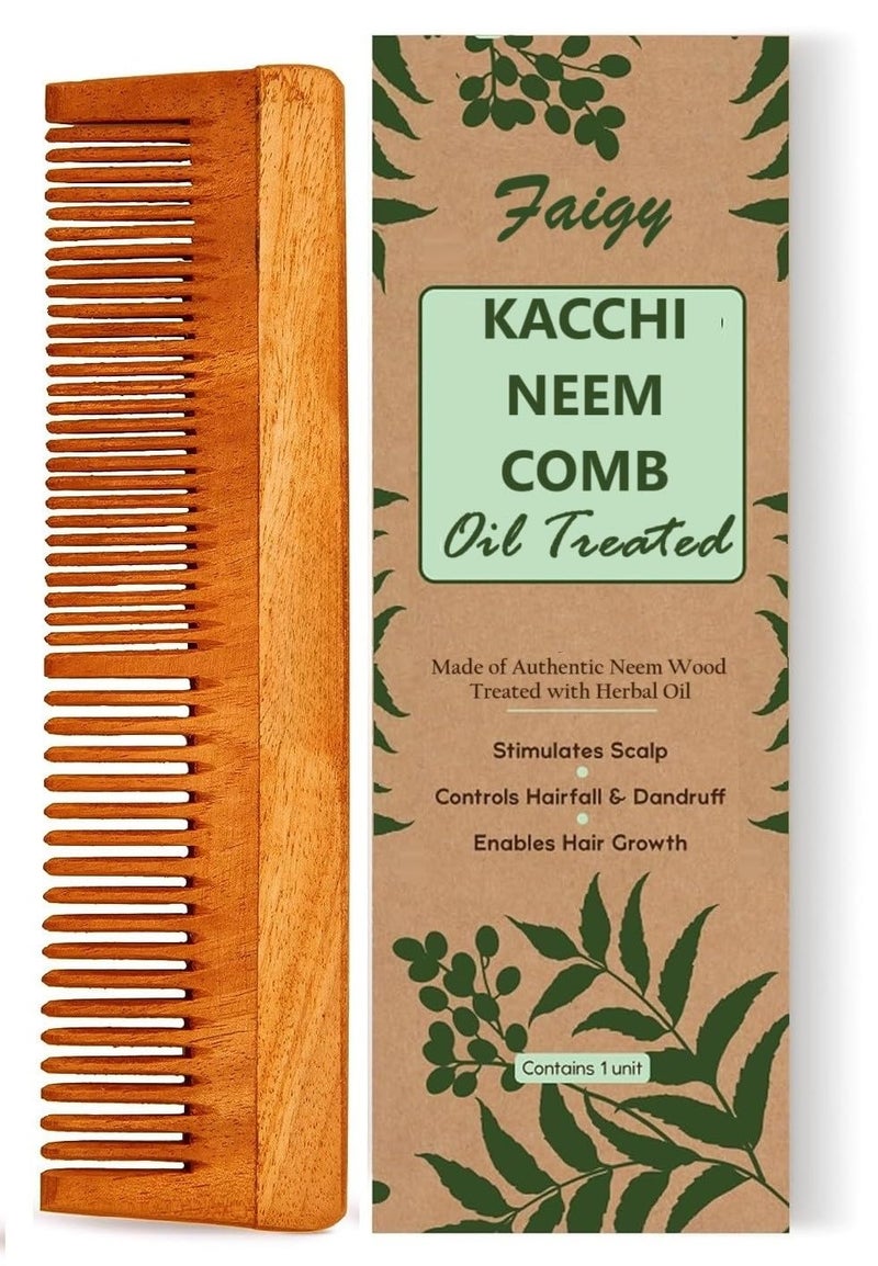 Faigy 1pc Kacchi Neem Wooden Comb - Soaked In 13 Herbs, Neem & Sesame Oil For Multi-Actions - Detangling, Frizz Control & Shine,Suited For All Hair Types (Dual Tooth) - Image 1