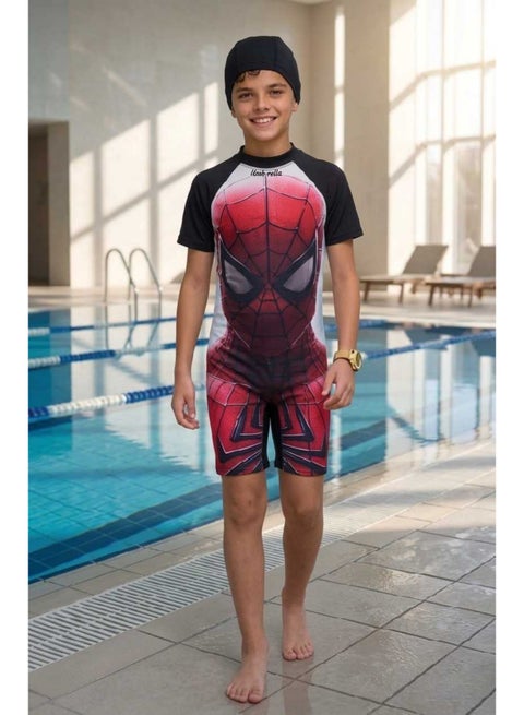 A boys' one-piece swimsuit by Umbrella, featuring a distinctive Spider-Man design and bright summer colors.