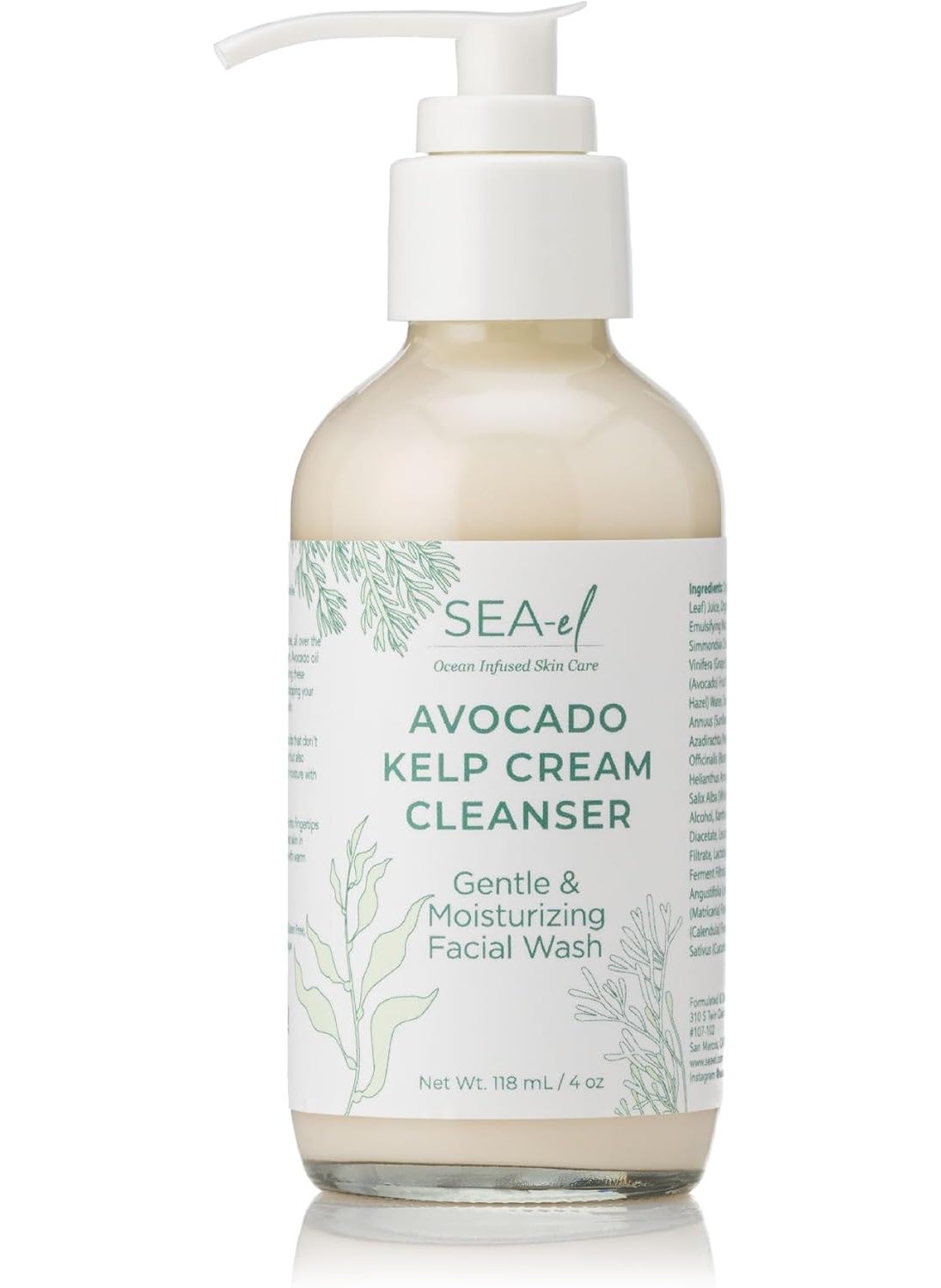 Sea-El Avocado & Kelp Cream Cleanser Non-Foaming Gentle Deep Cleanse to Purify Tone & Firm - Moisturizing Natural Face Wash for Women & Men - 4 Oz 
