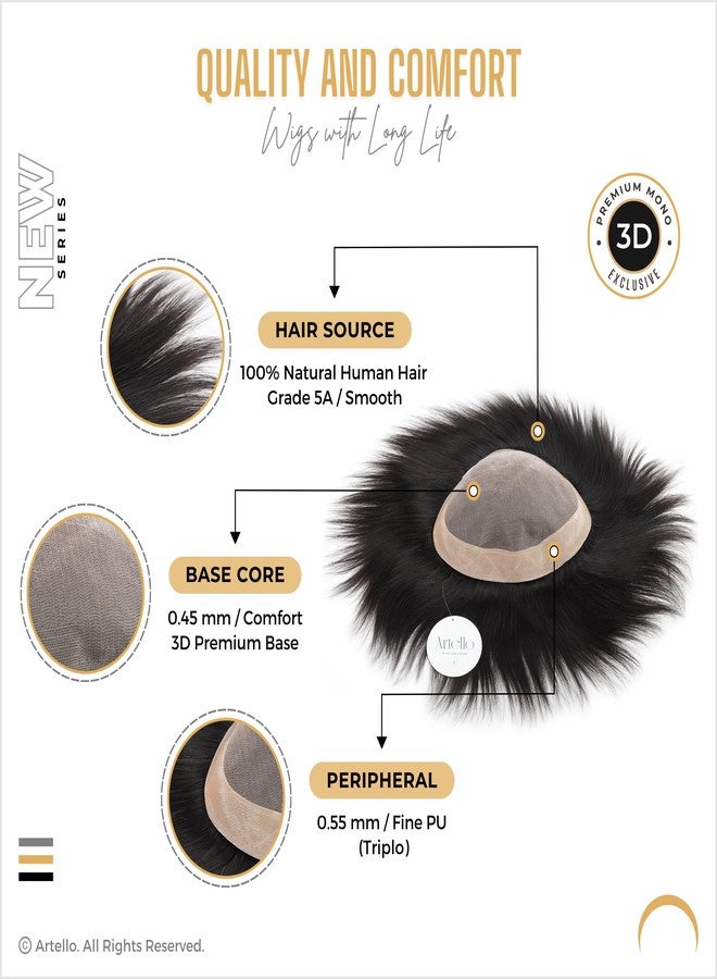Artello® PREMIUM MONO Smart Hair Patch for Men, Smooth Hair Wig in 100% Natural Human Hair, Easy Fit with Tape, Glue or Clips, 3D Premium Base (Colour: Natural Black) (7x5) - Image 3