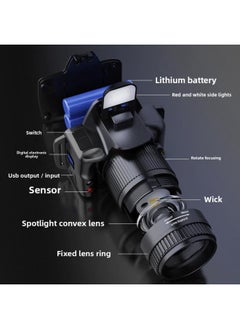 Generic Outdoor White Laser Induction Headlight COB Red Warning Light With Digital Display Long Endurance Super Bright Night Running Fishing Headlight-Color:Broken Night  - Image 4
