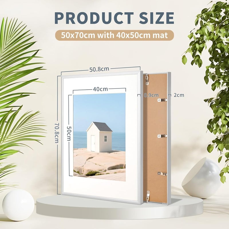 ATOBART إطار صور، 50x70 إطار صور معدني - 50x70 إطارات صور ألومنيوم مع حشوة قابلة للإزالة 40x50سم للتعليق على الحائط والطاولة، فضي - قطعة واحدة - Image 2