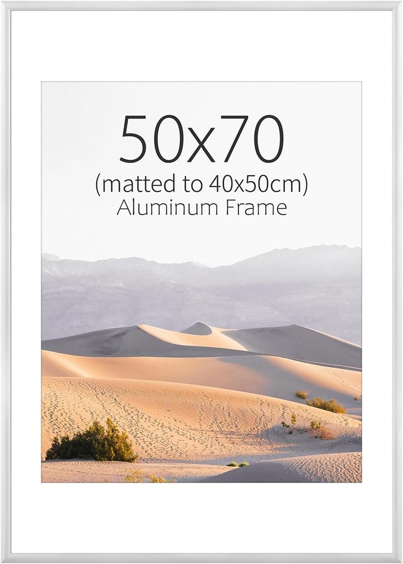 ATOBART إطار صور، 50x70 إطار صور معدني - 50x70 إطارات صور ألومنيوم مع حشوة قابلة للإزالة 40x50سم للتعليق على الحائط والطاولة، فضي - قطعة واحدة - Image 1