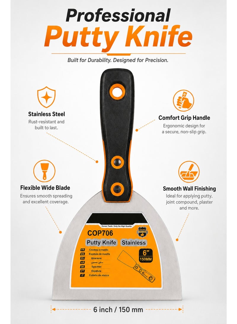 6 Inch Stainless Steel Putty Knife 150mm – Wide Wall Scraper with Ergonomic Anti-Slip Handle for Putty, Plaster, Paint, Wall Repair & Surface Finishing - Image 4