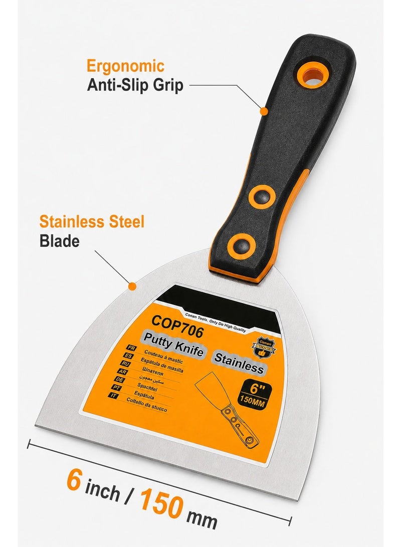 6 Inch Stainless Steel Putty Knife 150mm – Wide Wall Scraper with Ergonomic Anti-Slip Handle for Putty, Plaster, Paint, Wall Repair & Surface Finishing - Image 3