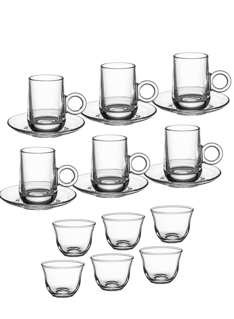 Dania 18 Piece Clear Glass Tea Set Consists of 6 Tea Cups + 6 Tea Saucers + 6 Saudi Coffee Cups - Image 1