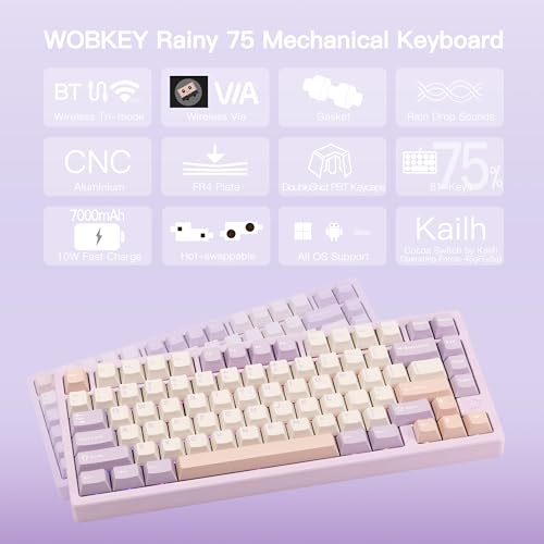 KEEBMONKEY WOBKEY Rainy 75 CNC Aluminum HMX/JWK/Cocoa Switches Triple-Mode Connectivity Mechanical Keyboard with Superior Acoustics, RGB/FR4/Silver SUS304/7000mAh/Cocoa Switch (Pro - Purple) - Image 2