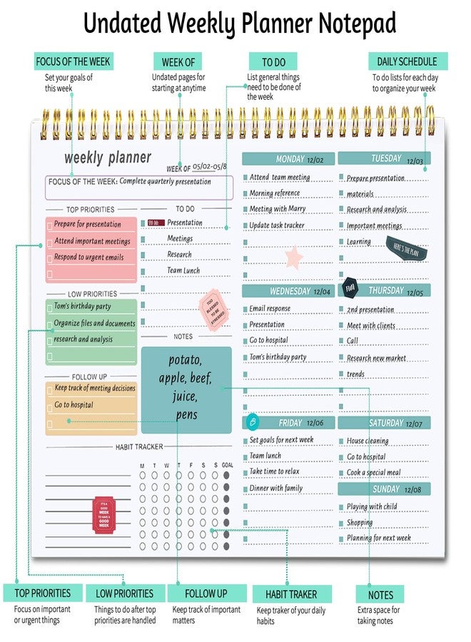 Thboxes Weekly To Do List Notepad, Weekly Desk Planner with 52 Tear Off Sheets Undated Weekly Planner Habit Tracker & Productivity Organizer for Home School and Work, 8.5''x11'' -Green - Image 3