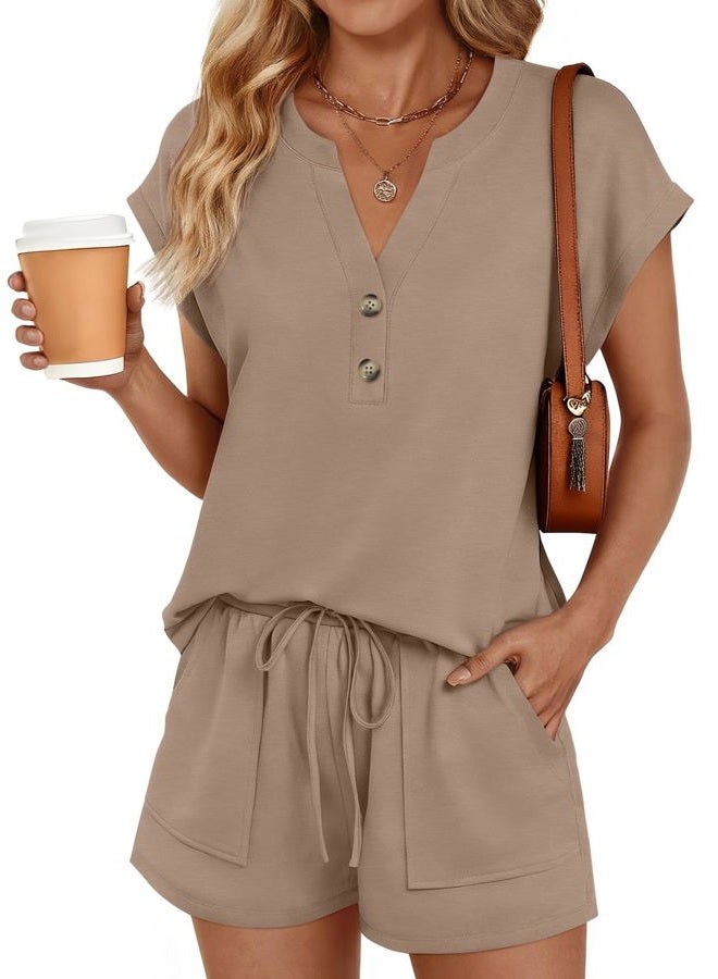 LILLUSORY Womens Henley 2 Piece Short Sets Spring 2026 Matching Lounge Airport Travel Vacation Beach Outfits Sweatsuit Pocket, Dark Khaki, L - Image 1