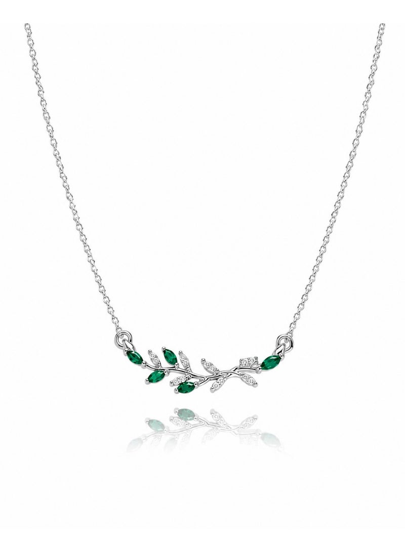 RAFAL Women's Silver-Tone Green Crystal Leaf Branch Necklace - Image 1