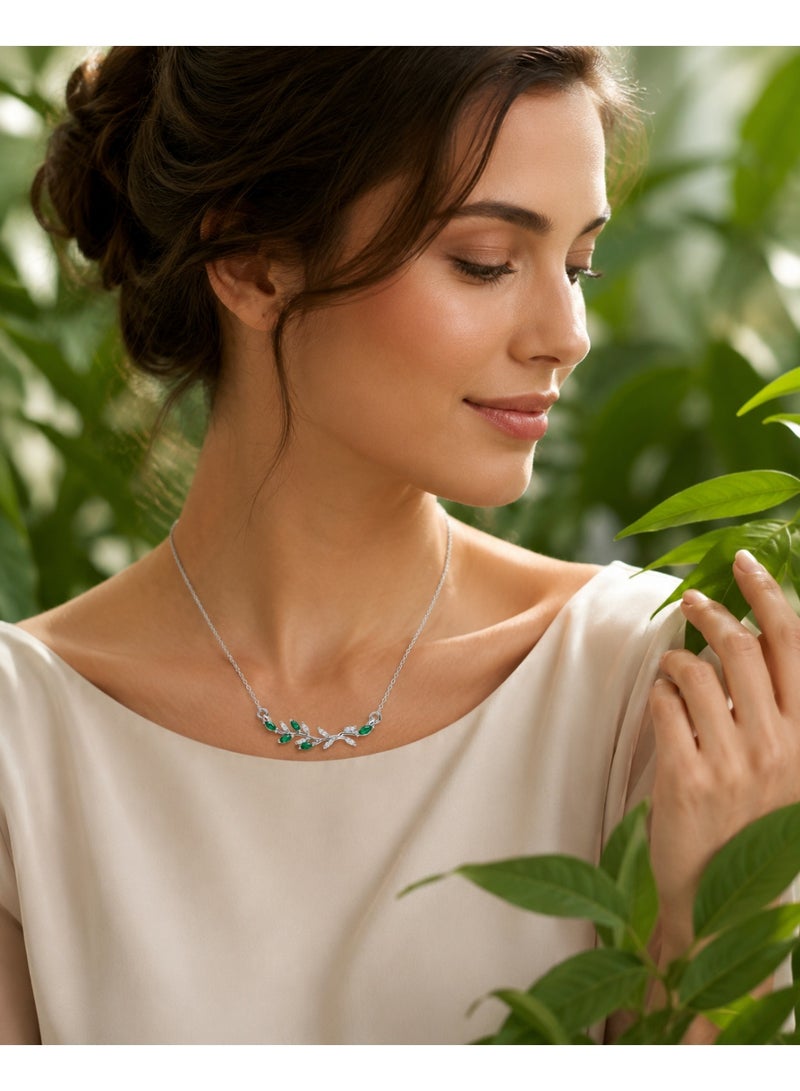RAFAL Women's Silver-Tone Green Crystal Leaf Branch Necklace - Image 5