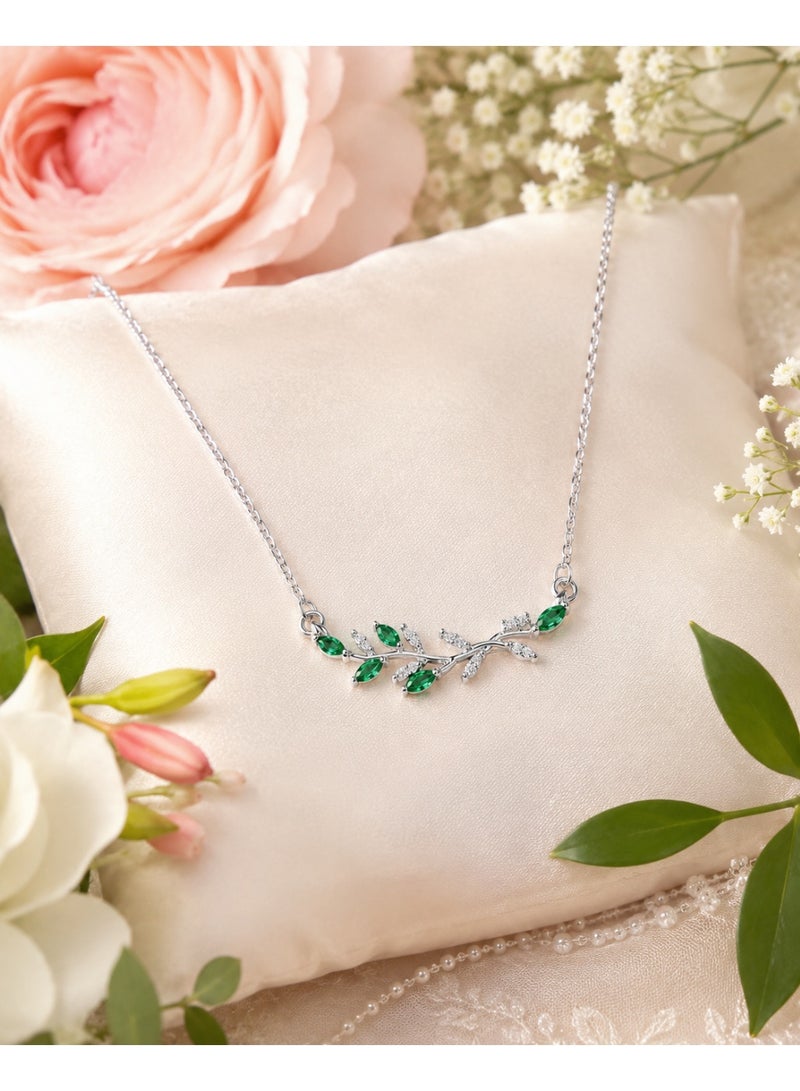 RAFAL Women's Silver-Tone Green Crystal Leaf Branch Necklace - Image 2