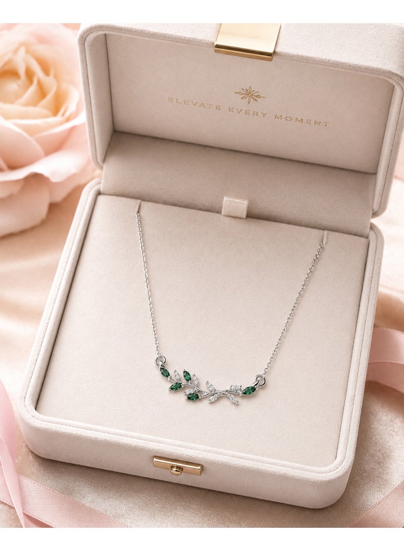 RAFAL Women's Silver-Tone Green Crystal Leaf Branch Necklace - Image 4