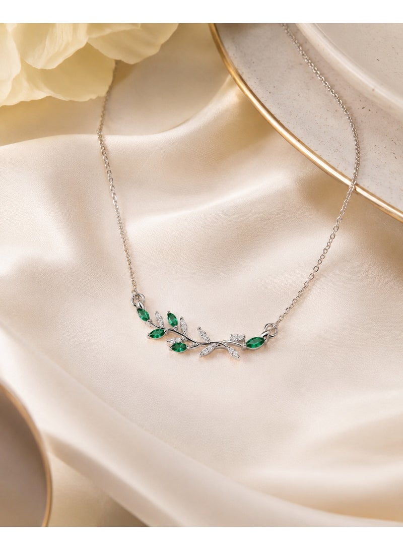 RAFAL Women's Silver-Tone Green Crystal Leaf Branch Necklace - Image 3