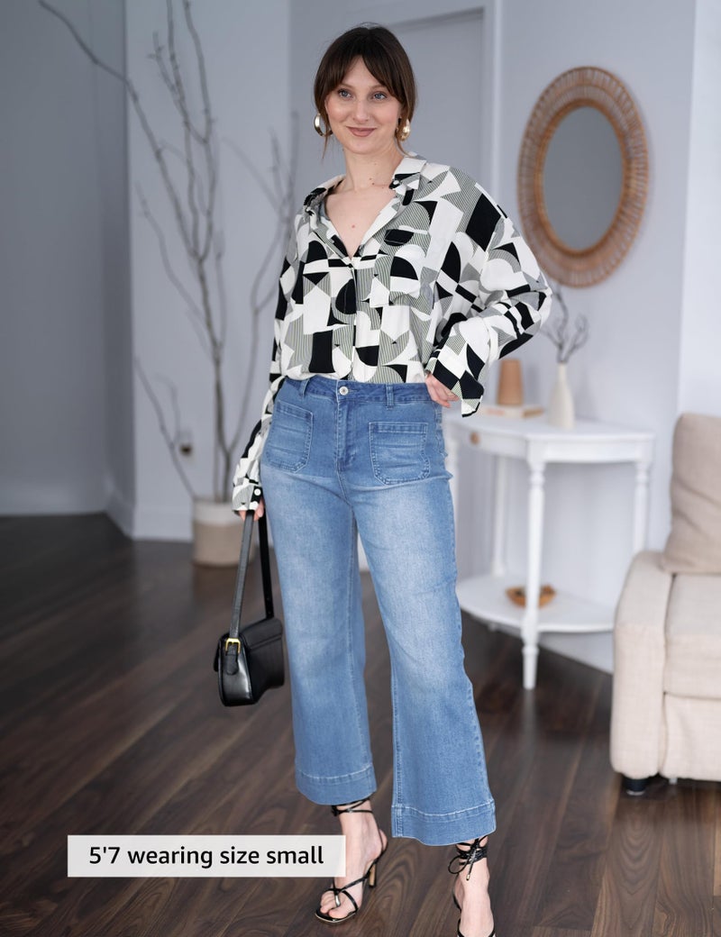 luvamia Wide Leg Jeans for Women Trendy High Waisted Flare Jeans Cropped Denim Pants Stretchy Baggy with Patch Pockets Jeans for Women Trendy Business Casual Clothes for Women Blue Tides Size 10 - Image 4