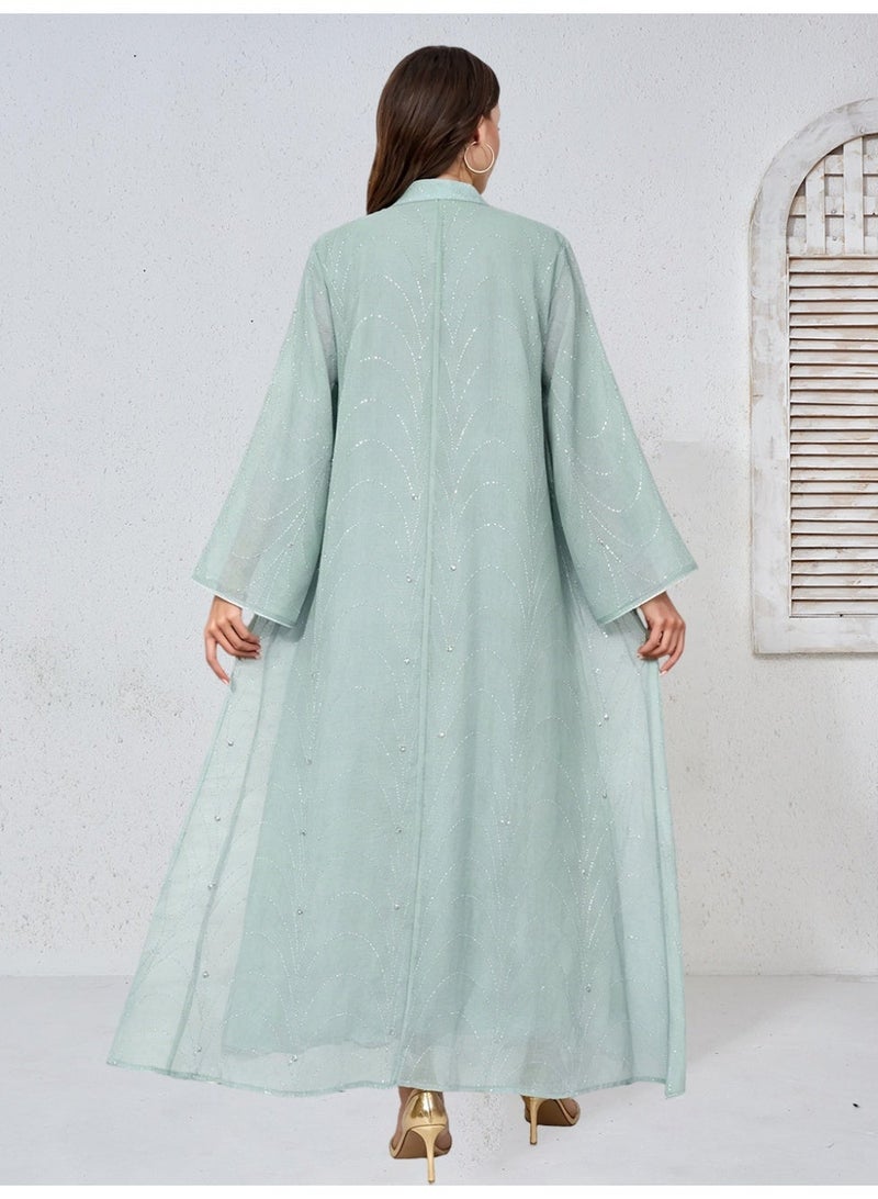 Kaiyuede Abaya Daily Eid Wedding Light Green Wave Rhinestone Diamond Sequin Mesh Flare Sleeve Opaque Lined Modest S-XL - Image 2
