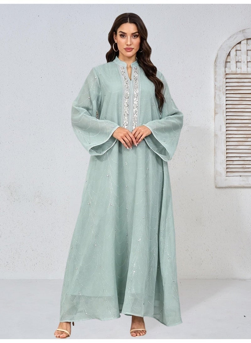 Kaiyuede Abaya Daily Eid Wedding Light Green Wave Rhinestone Diamond Sequin Mesh Flare Sleeve Opaque Lined Modest S-XL - Image 1