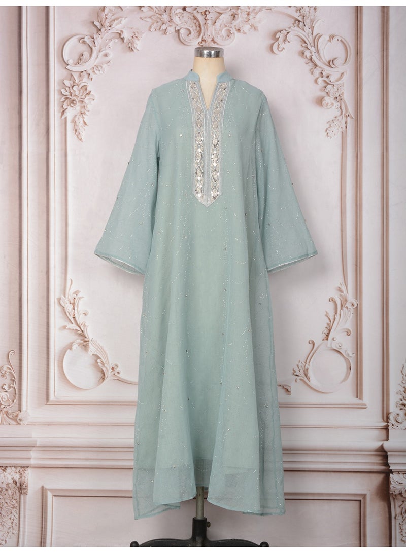 Kaiyuede Abaya Daily Eid Wedding Light Green Wave Rhinestone Diamond Sequin Mesh Flare Sleeve Opaque Lined Modest S-XL - Image 4
