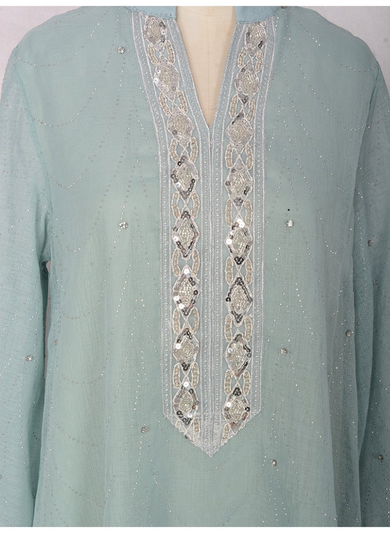 Kaiyuede Abaya Daily Eid Wedding Light Green Wave Rhinestone Diamond Sequin Mesh Flare Sleeve Opaque Lined Modest S-XL - Image 5