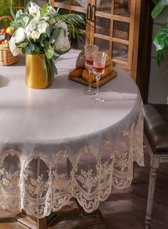 ARTABLE Vinyl Tablecloth Rectangle Waterproof Lace Table Cover with Exquisite Macrame Border for Wedding Kitchen Holidays Party Decor (Champagne, 60 Inch Round) - Image 3