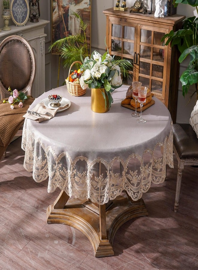 ARTABLE Vinyl Tablecloth Rectangle Waterproof Lace Table Cover with Exquisite Macrame Border for Wedding Kitchen Holidays Party Decor (Champagne, 60 Inch Round) - Image 2