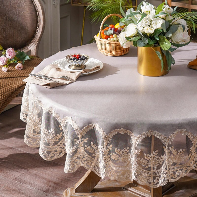ARTABLE Vinyl Tablecloth Rectangle Waterproof Lace Table Cover with Exquisite Macrame Border for Wedding Kitchen Holidays Party Decor (Champagne, 60 Inch Round) - Image 1