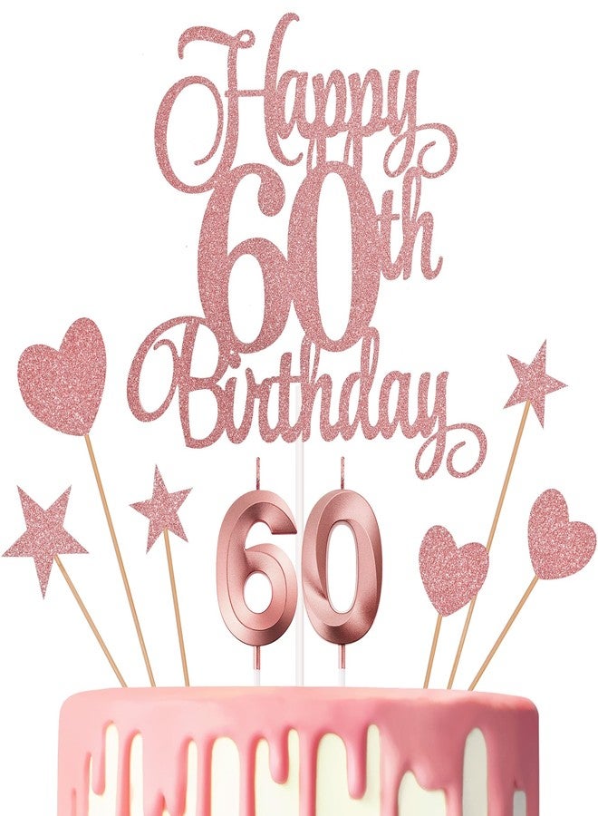 Lecferrarc 60th Birthday Cake Decorations, 60th Birthday Candles Cake Numeral Candles and Glitter Happy 60th Birthday Cake Toppers Set for Birthday Party Supplies (Rose Gold) - Image 1