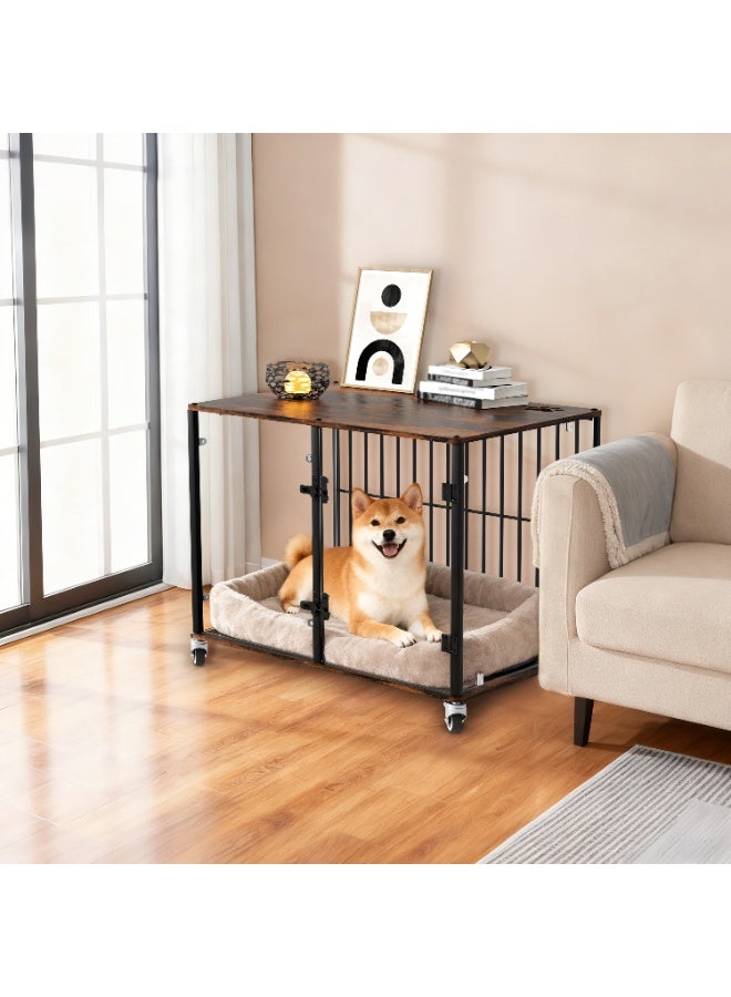 ويسفور أثاث قفص كلاب عصري مع زجاج مقسّى وسطح خشبي، بيت داخلي للحيوانات الأليفة للكلاب الصغيرة، قفص كلاب من الزجاج المقسّى مع عجلات لسهولة النقل والتنظيف - Image 5