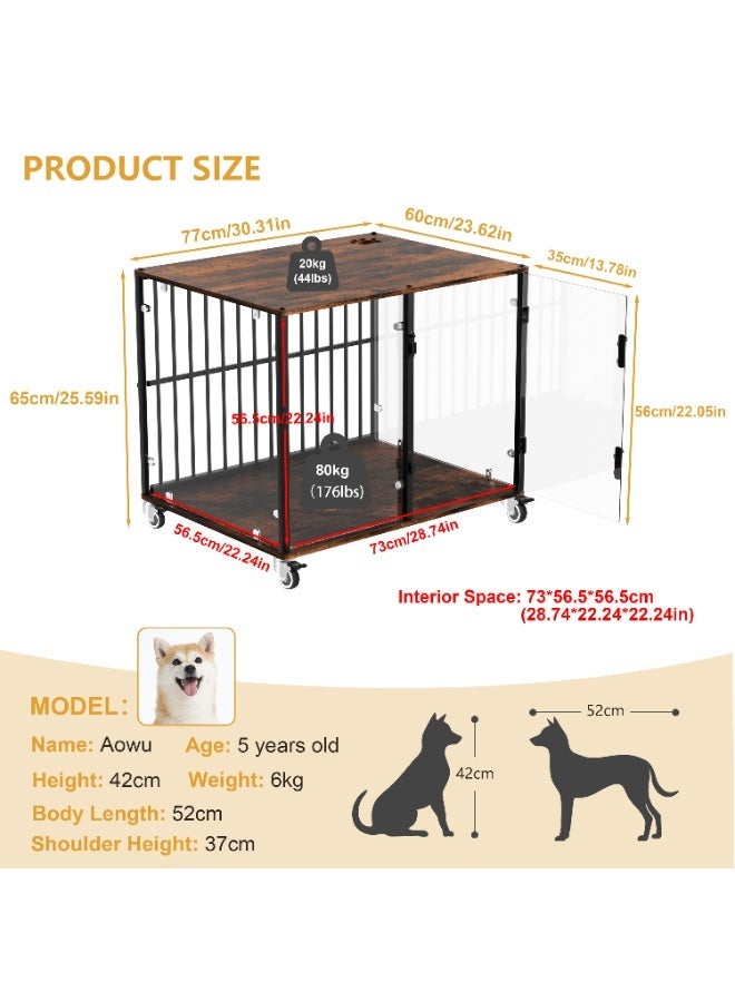 ويسفور أثاث قفص كلاب عصري مع زجاج مقسّى وسطح خشبي، بيت داخلي للحيوانات الأليفة للكلاب الصغيرة، قفص كلاب من الزجاج المقسّى مع عجلات لسهولة النقل والتنظيف - Image 3