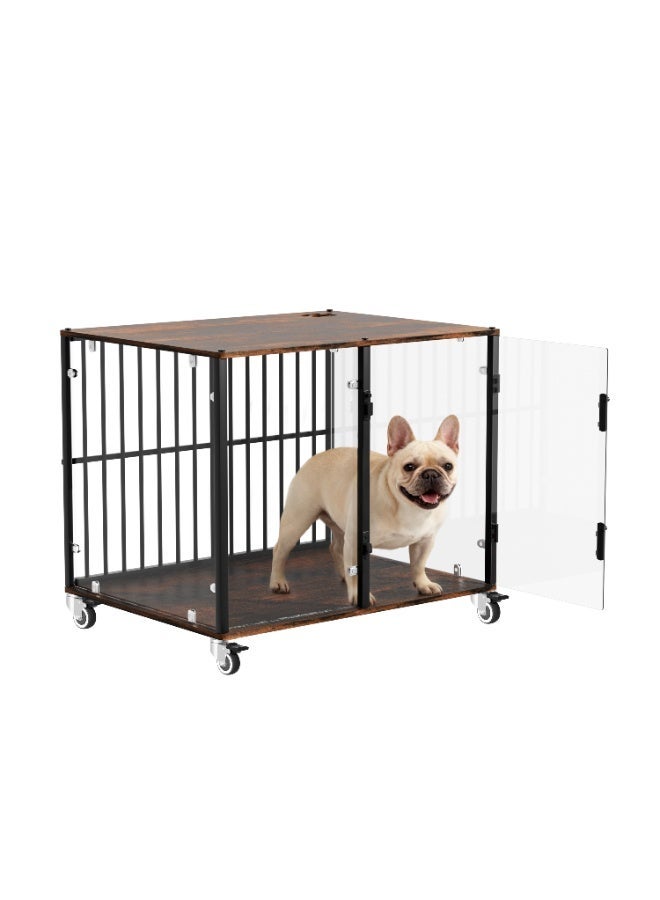 ويسفور أثاث قفص كلاب عصري مع زجاج مقسّى وسطح خشبي، بيت داخلي للحيوانات الأليفة للكلاب الصغيرة، قفص كلاب من الزجاج المقسّى مع عجلات لسهولة النقل والتنظيف - Image 1