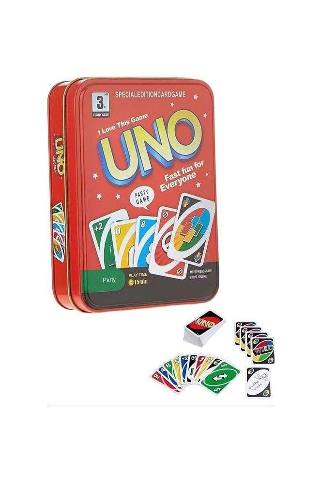 ماتيل جيمز لعبة أونو إصدار أحمر – 108 بطاقة متعددة الألوان داخل علبة معدنية قوية، مناسبة من 2 إلى 10 لاعبين، لعبة ورق جماعية ممتعة وسريعة، مثالية للسفر والسهرات العائلية - Image 2