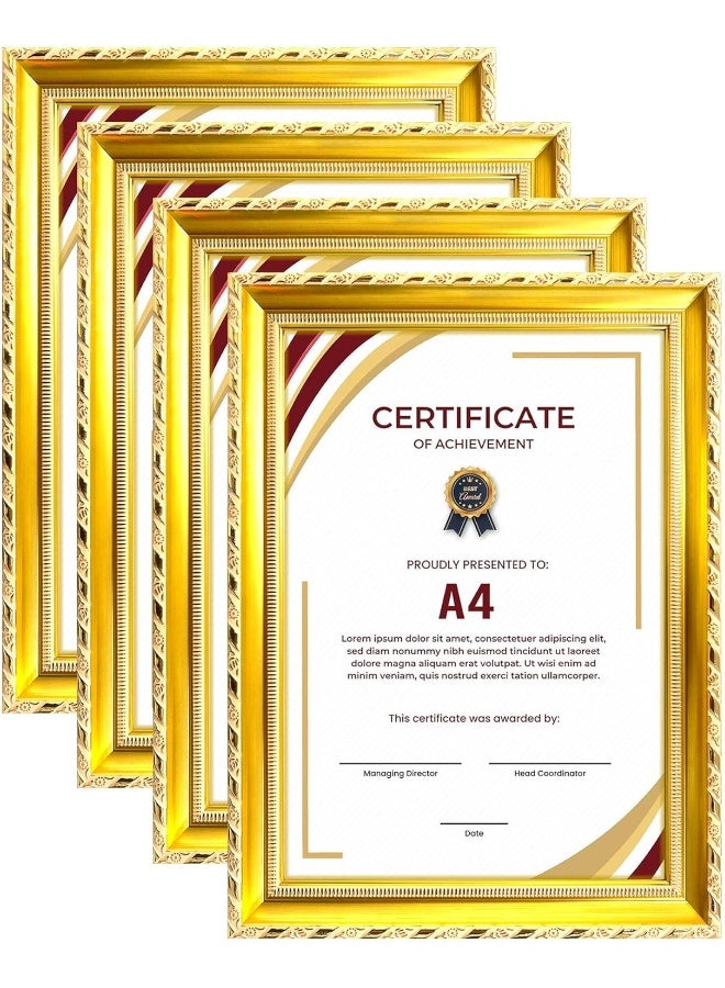 Decorhills DECORHILLS Classic Design A4 Document Certificate Frame – Real Glass, Wall Mount Tabletop Display, Gold, 25x34cm Frame Size, 4Pcs  - Image 1