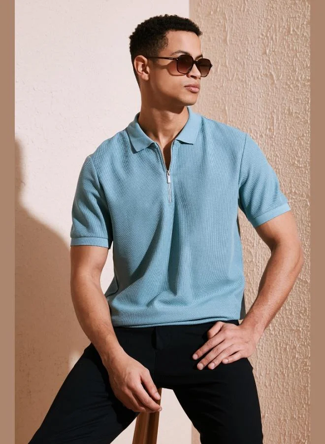 بوراتي تيشيرت بولو رجالي قطن بياقة بولو بسحاب مقاس عادي