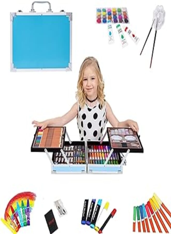 Beauenty Deluxe Art Set 145PC 2 Layers, Kids Art Supplies for Drawing, Painting, Portable Aluminum Case Art Kit for Kids, Teens, Adults Great Gift for Beginner and Serious Artists (Blue)