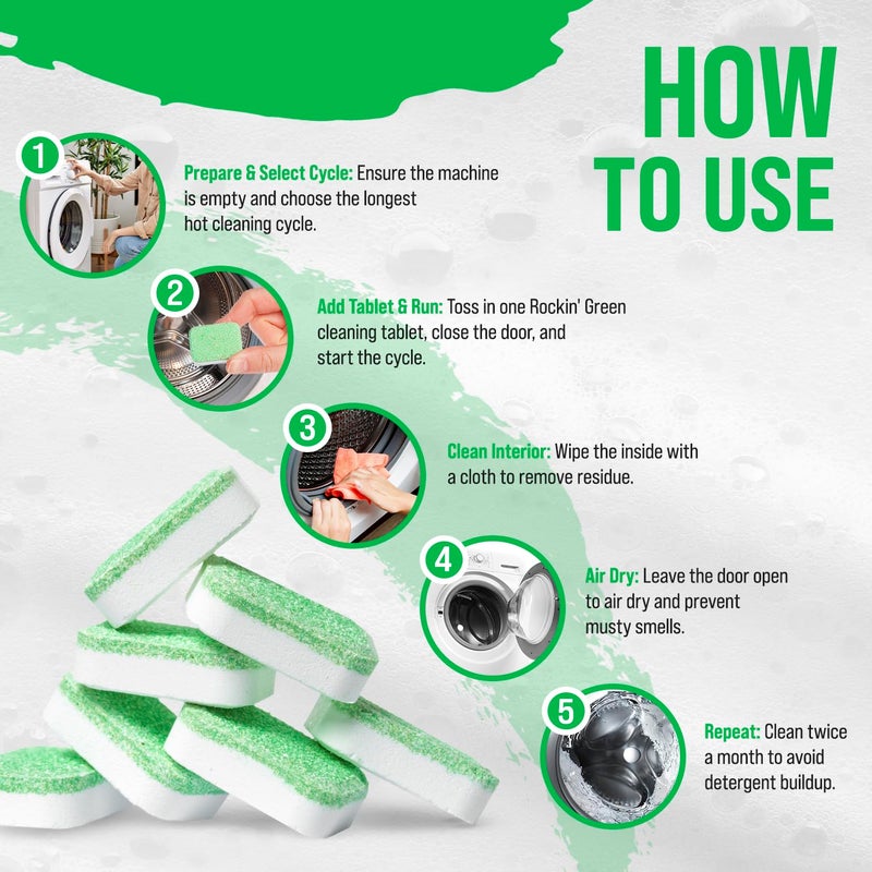 Rockin' Green Deep Cleaning and Deodorizing Tablets for Dishwashers, Washing Machines, and Garbage Disposals, Removes Odor and Residue (Washing Machine Cleaning Tablets, 8 Pack) - Image 3