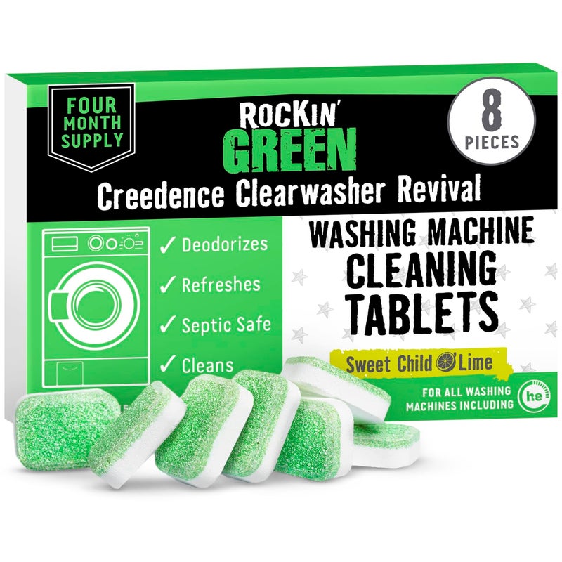 Rockin' Green Deep Cleaning and Deodorizing Tablets for Dishwashers, Washing Machines, and Garbage Disposals, Removes Odor and Residue (Washing Machine Cleaning Tablets, 8 Pack) - Image 1