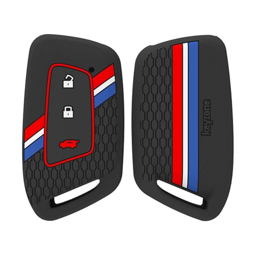 Keyzone® Striped Silicone Key Cover Compatible for MG Hector, Windsor EV 3 Button Smart Key. (Black) - Image 1