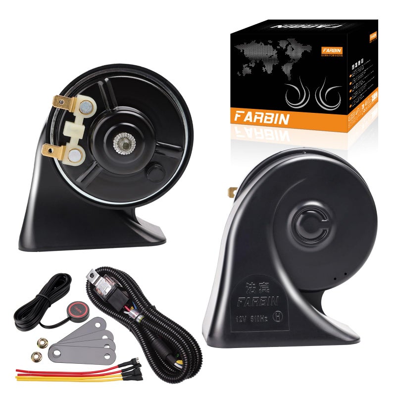 FARBIN Car Horn Kit with Button Waterproof 12V Super Loud Train Horns Electric Truck Horns Universal for Car Motorcycle Truck Boat black Snail Horn with Wire and Button
