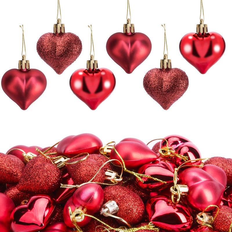60pcs Valentines Day Heart Ornaments  Valentines Mothers Day Heart Baubles Shaped Hanging Ornaments Decoration for Valentine Tree Wedding Anniversary Party Red