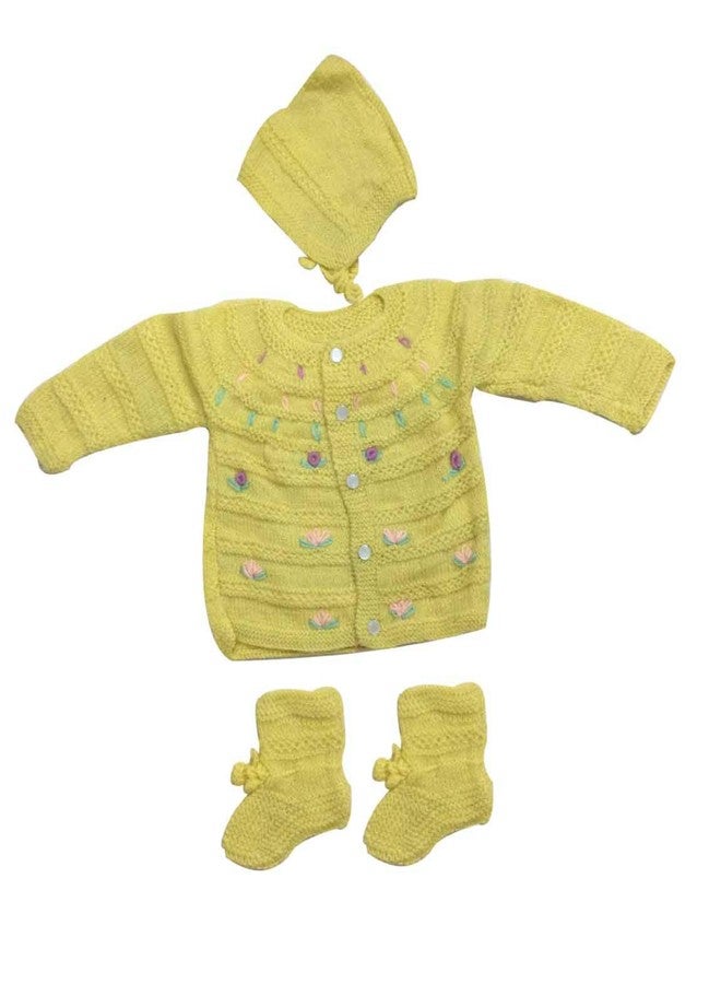Cute Collection Hand Made Front Open Woolen Sweater with Cap & Booties Set for 0-6 Months Baby (Unisex) Style-3 Multicolour - Image 1