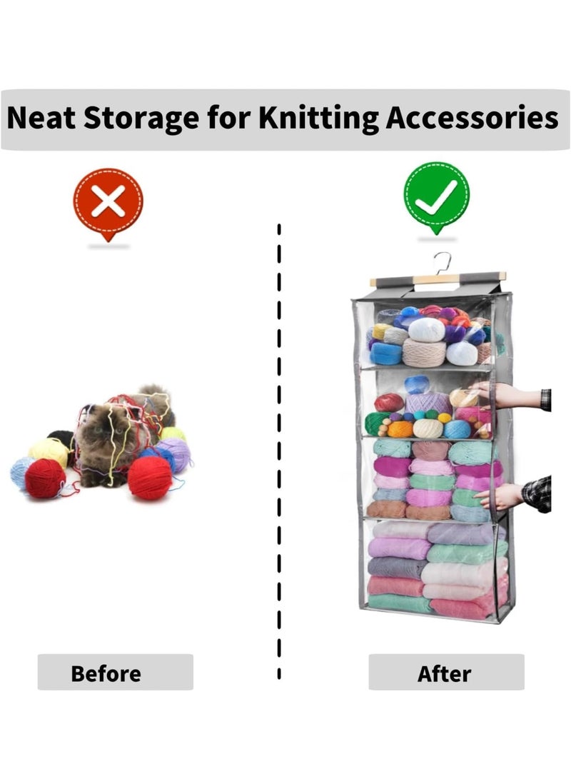 SYOSI Yarn Storage, Hanging Organizer with 4 Compartments, Clear Door Zippered Yarn Holder, Large Capacity Pockets for Crochet Hooks Threads Clothes Purses, Durable and Space-Saving, Gray - Image 4