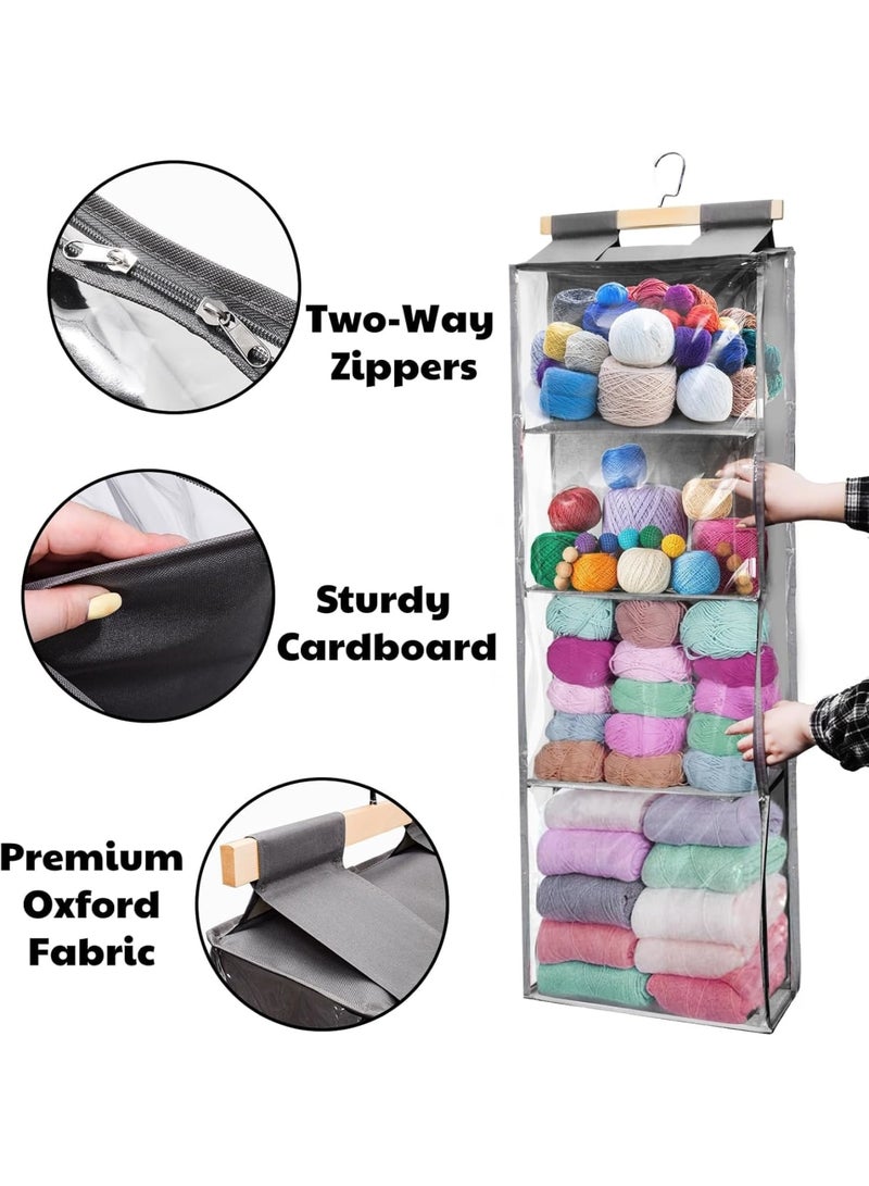 SYOSI Yarn Storage, Hanging Organizer with 4 Compartments, Clear Door Zippered Yarn Holder, Large Capacity Pockets for Crochet Hooks Threads Clothes Purses, Durable and Space-Saving, Gray - Image 3