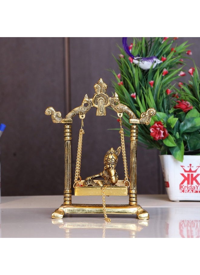 كريدايكرافت تمثال KridayKraft Laddu Gopal على Jhulla Palana المعدني مطلي بالذهب ديكور منزلك، مكتبك المعدني Krishna Murti، تماثيل العرض، هدية المعبود الديني المقال.  - Image 1