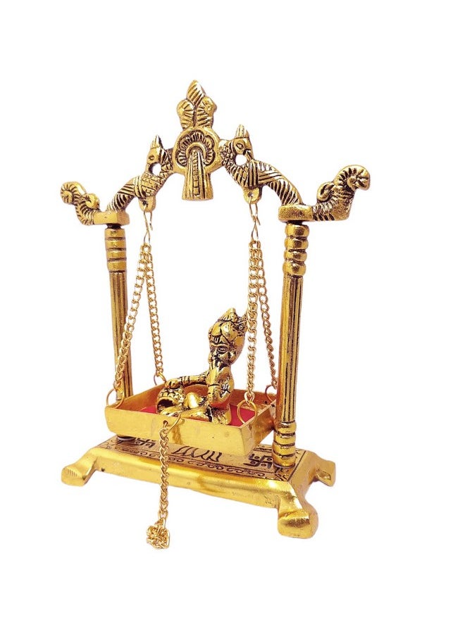 كريدايكرافت تمثال KridayKraft Laddu Gopal على Jhulla Palana المعدني مطلي بالذهب ديكور منزلك، مكتبك المعدني Krishna Murti، تماثيل العرض، هدية المعبود الديني المقال.  - Image 4