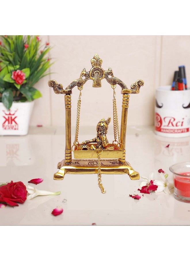 كريدايكرافت تمثال KridayKraft Laddu Gopal على Jhulla Palana المعدني مطلي بالذهب ديكور منزلك، مكتبك المعدني Krishna Murti، تماثيل العرض، هدية المعبود الديني المقال.  - Image 2