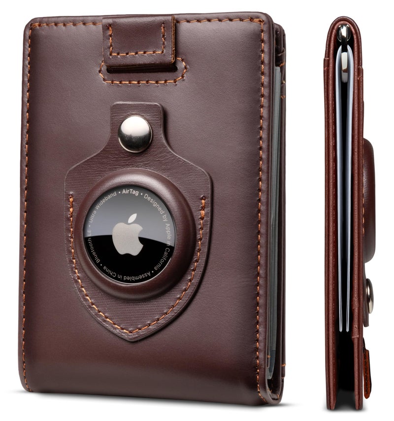 SERMAN BRANDS AirTag Wallet - RFID Blocking Mens Minimalist Money Clip Wallet for Airtag - Full Grain Leather - Slim Bifold. Front Pocket Apple Air tag Wallets for men. Gift (Melted Chocolate 1.0 Air) - Image 1